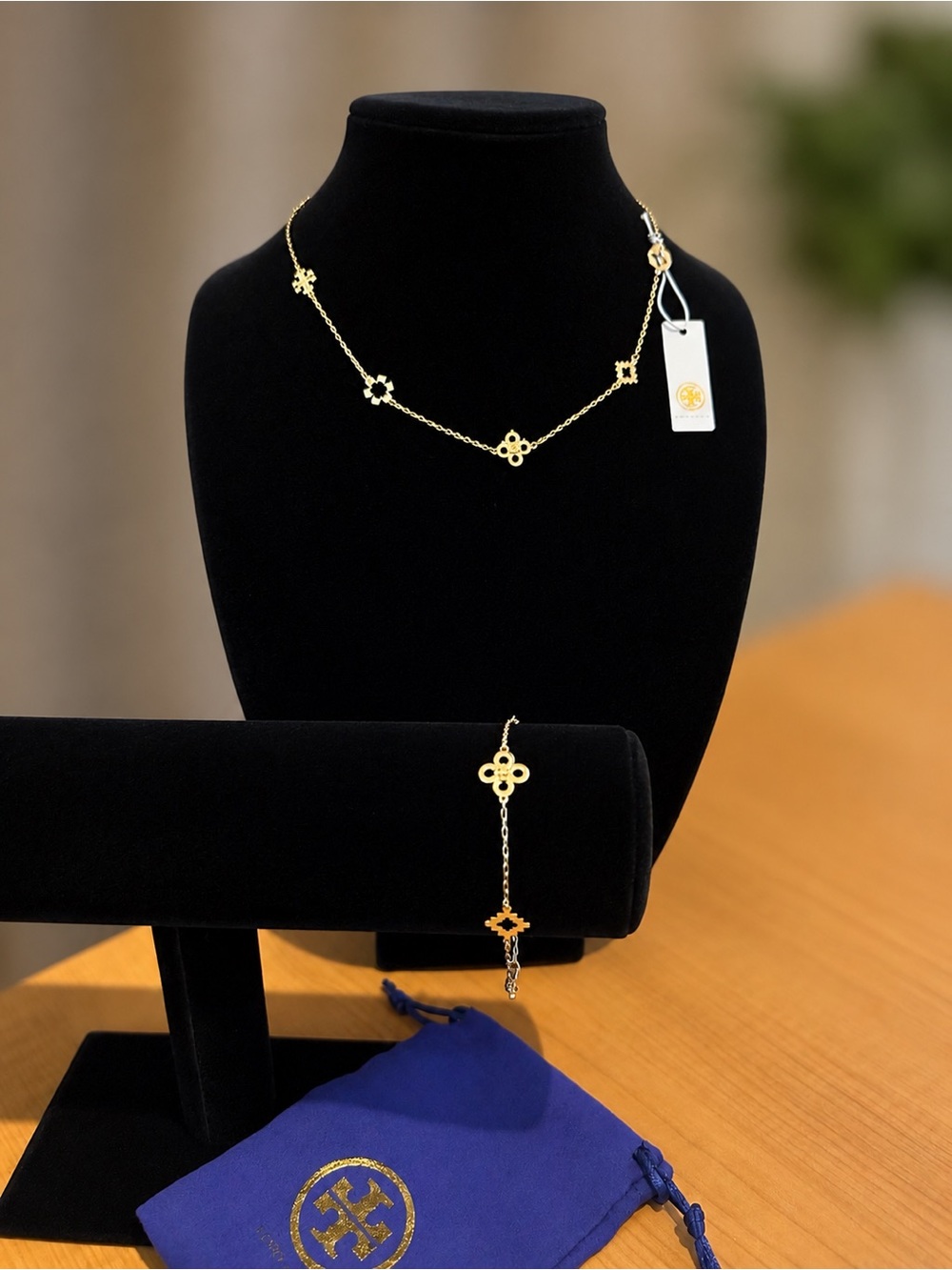 Tory Burch Gold Clover Station Necklace and Bracelet Set